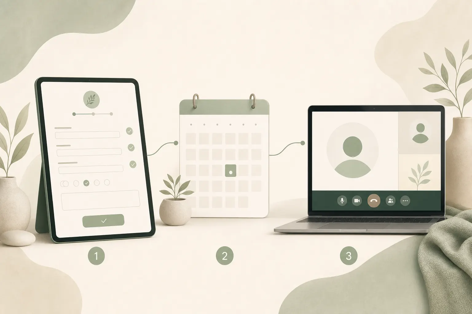 Illustration showing the TrueMed telehealth journey: intake form, online booking, and video consultation